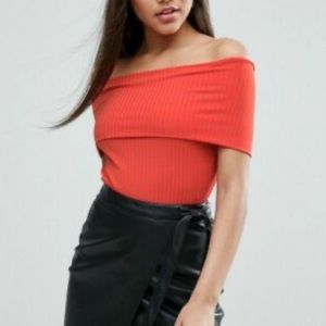 Red Orange Foldover Off the Shoulder Stretch Ribbed Top - ASOS